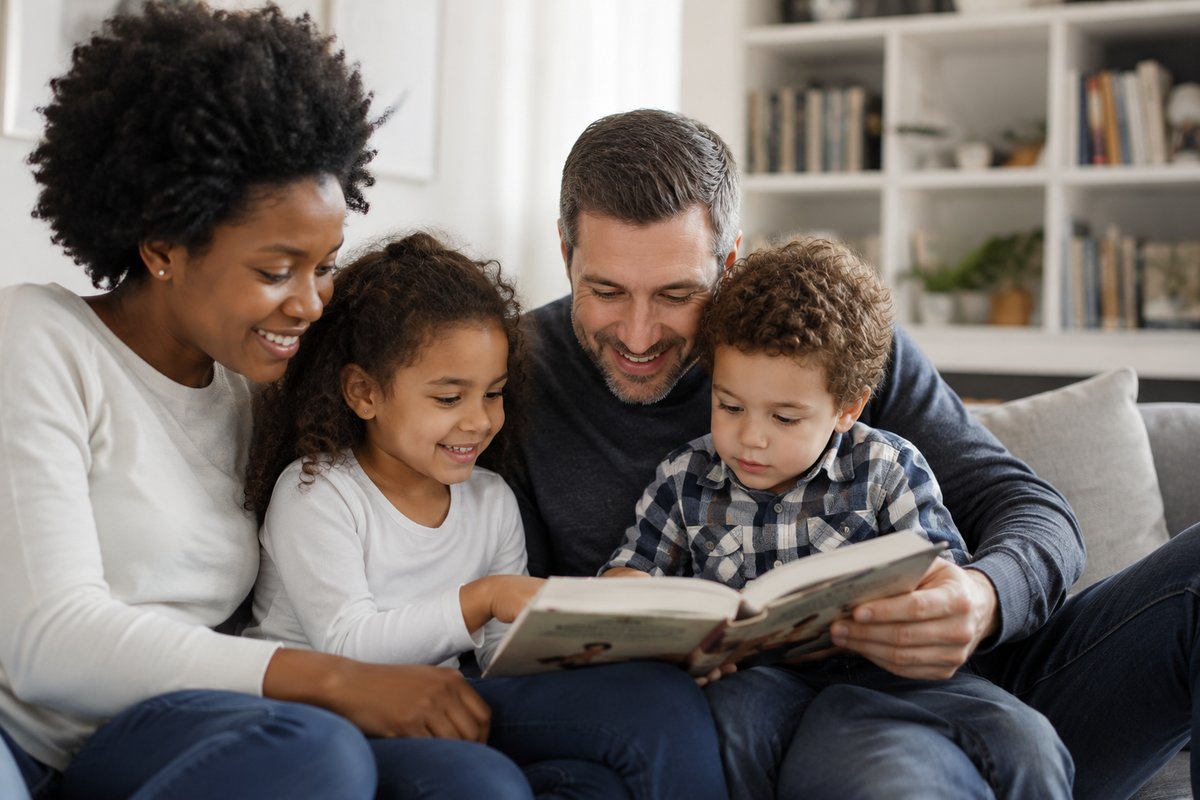 Une famille réunie autour d'un livre